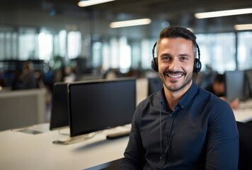 In the bustling call center a handsome man  in his work sits with headphones on, ready to provide professional assistance and support to customers, embodying efficiency and effective communication - Powered by Adobe