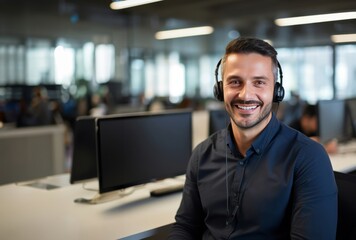 In the bustling call center a handsome man  in his work sits with headphones on, ready to provide professional assistance and support to customers, embodying efficiency and effective communication - obrazy, fototapety, plakaty