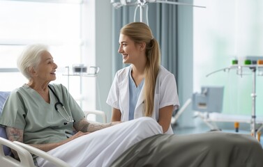 Obraz premium In a touching scene at the hospital, a young sister shows unwavering love and support as she visits an elderly woman lying in a hospital bed, embodying the enduring bond of family and compassion.