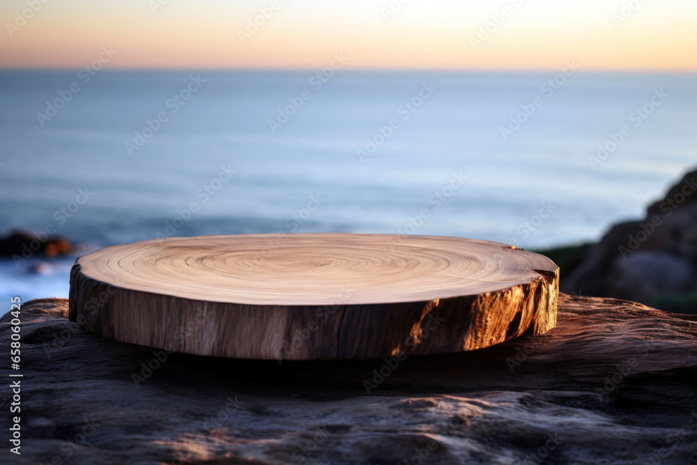 Poster empty round wooden stand on rock with the beach background for product display presentation. high qu