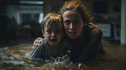 Scared mum protecting her son from flood - Generative AI