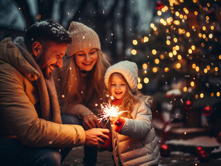 A friendly family on New Year's Eve in the courtyard of the house near the Christmas tree lights sparklers and laughs, rejoices, and celebrates the New Year and Christmas.