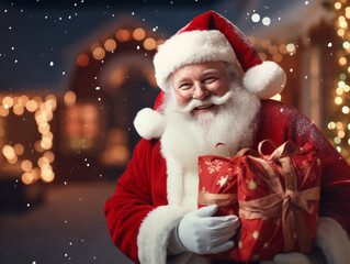 Santa Claus in glasses stands on the street laughing and smiling with a gift in his hands and dreams, snowflakes are flying around and it is snowing.