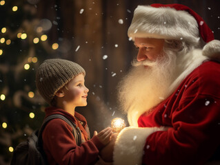 A blonde boy talks to Santa Claus, recites a poem or sings a song to Santa Claus. In return, Santa Claus gives the girl a New Year's gift against the backdrop of a New Year's tree and decorations.