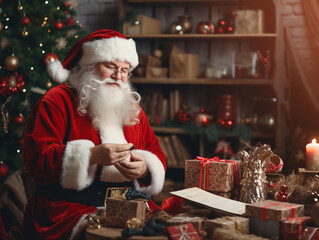 Santa Claus in glasses sits in his workshop and packs New Year's gifts with a smile against the backdrop of a decorated New Year's tree.