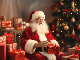 Santa Claus in glasses sits in his workshop and packs New Year's gifts with a smile against the backdrop of a decorated New Year's tree.