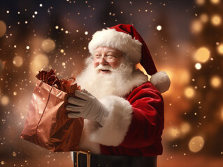 Santa Claus in glasses stands on the street laughing and smiling with a gift in his hands and dreams, snowflakes are flying around and it is snowing.