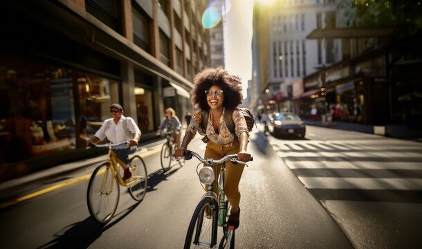 urban setting an African American businesswoman gracefully commutes to work on her bicycle, exemplifying both eco-friendly transportation and a dynamic professional lifestyle