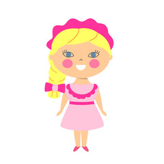 Doll beautiful Pink Little Girl. Vector illustration for kids.