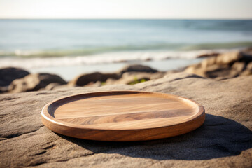 Empty wooden round tray on a rock with the beach background in the morning, selective focus. High quality photo - obrazy, fototapety, plakaty
