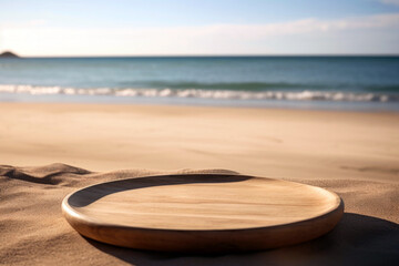 Empty round wooden platform on the sand beach. Natural background. Selective focus. High quality photo - obrazy, fototapety, plakaty