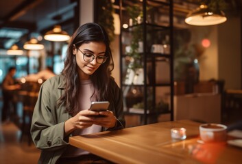 In the ambiance of a modern cafe, a contemporary woman engages with her smartphone, seamlessly navigating the digital world while savoring a coffee, emblematic of the tech-savvy urban lifestyle