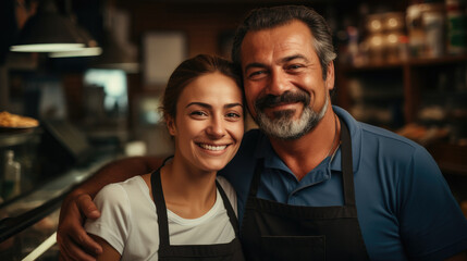 The owner couple of a small pizza business smiled happily. - obrazy, fototapety, plakaty