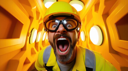 Young handsome worker man wearing uniform and security helmet Crazy and scared afraid and surprised of shock with open mouth on yellow background - obrazy, fototapety, plakaty
