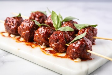 Fototapeta premium skewer of meatballs resting on a rectangular marble slab