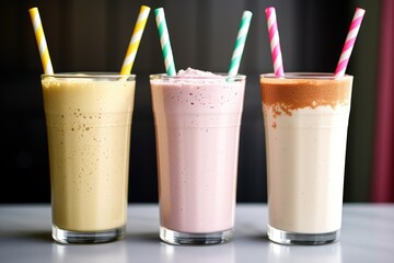 trio of milkshakes with different colored straws