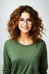 Woman with glasses smiling for the camera with green shirt.