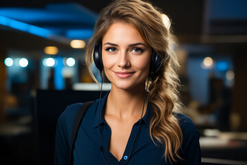 Woman wearing headphones and blue shirt smiling.