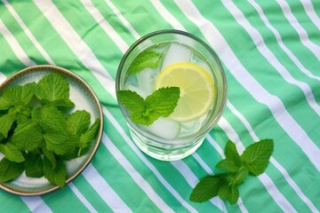 Obraz premium top view of a mojito on a bright summer tablecloth