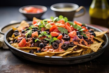 vegan nachos with plant-based cheese and black beans - obrazy, fototapety, plakaty