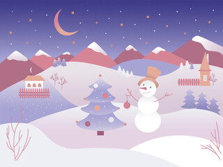 Colorful Christmas vector illustration " Winter night" with funny snowman on a beautiful background. Flat style, garfish elements with gradient fill. Design for Christmas greeting card, poster