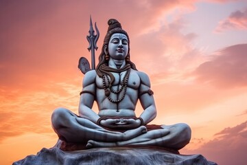 hindu god lord shiva statue in meditation posture with dramatic sky at evening from unique angle, Generative AI - obrazy, fototapety, plakaty