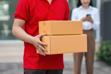 Asian people received product box from male delivery service person, modern e-commerce, home...