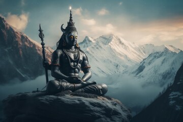 Hindu god Shiva, meditating on Mount Kailasa in the Himalayas, Generative AI