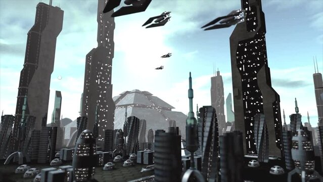 Futuristic city with spaceships passing by. 3D rendering