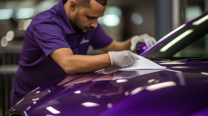 Focused man in a purple shirt, polishing a car. - obrazy, fototapety, plakaty