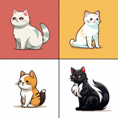 Cute cats, cartoon japanese style. Side view. Set