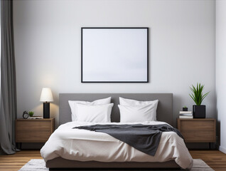 contemporary  bedroom with big bed and  blank poster frame