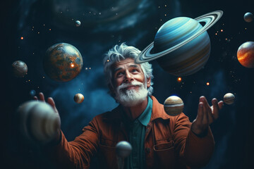 Senior man playing with planet in galaxy - obrazy, fototapety, plakaty