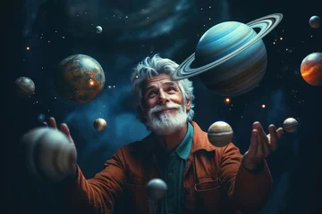 Foto op Canvas Senior man playing with planet in galaxy © Niks Ads