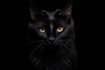 Black cat on black background. Studio dark portrait of witch pet. halloween animal
