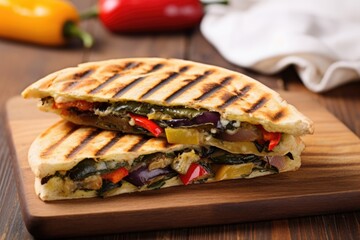 grilled vegetable panini with bell peppers on canvas mat