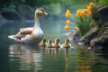 a mother duck leading ducklings through clear, calm water