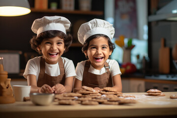 cute indian little girls in chef uniform, making cookies - obrazy, fototapety, plakaty