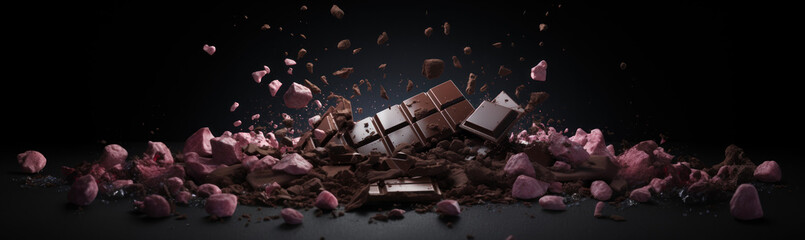 chocolate background, 3d rendering of dark chocolate and pink strawberry chocolate bars