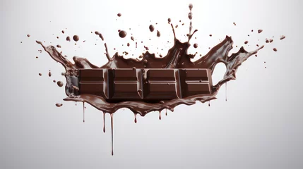 Fototapeten chocolate bar falling on a white background and chocolate splash © Katewaree