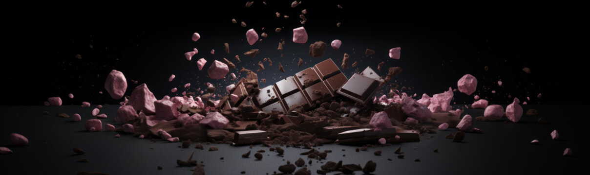 chocolate background, 3d rendering of dark chocolate and pink strawberry chocolate bars