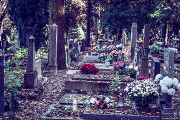All Saints Day in cemetery in nostalgic autumnal time