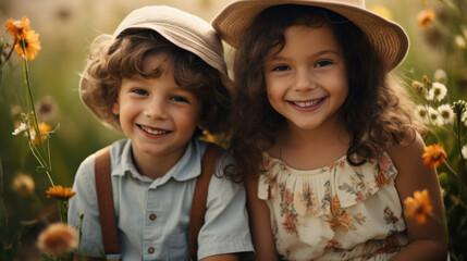 A young boy and girl smiling cheerfully at the camera outdoors.