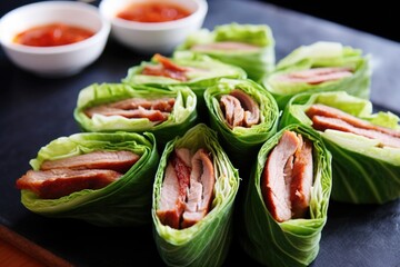 wrapping peking duck slices in lettuce