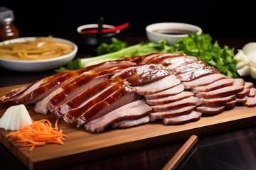 Crédence de cuisine en verre imprimé Pékin garnishing sliced peking duck with onions