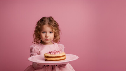 Ritratto di compleanno di una bambina in abiti rosa su sfondo rosa, Birthday portrait of a little girl in pink clothes on pink background - obrazy, fototapety, plakaty