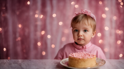  Ritratto di compleanno di una bambina in abiti rosa su sfondo rosa VI