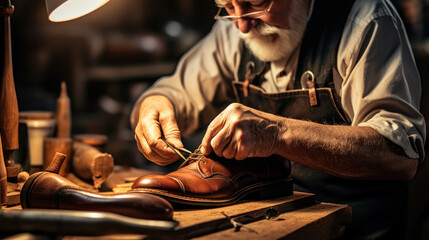 An elderly shoemaker at work in a workshop