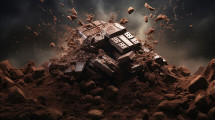 chocolate bar and cocoa powder,piece of chocolate explosion isolated on black background