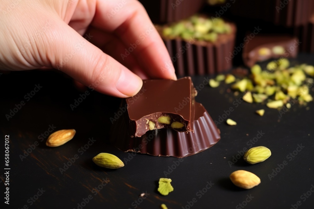 Wall mural hand placing a pistachio kernel onto a piece of chocolate - Wall murals